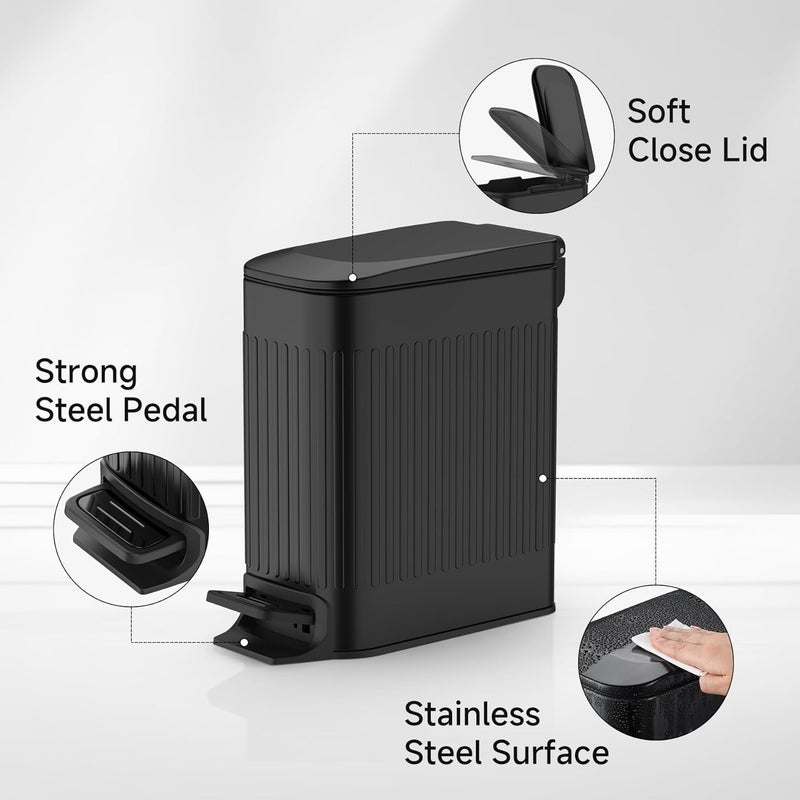TIPGO Slim Bathroom Trash Can with Lid Soft Close, Step Pedal, 6 Liter / 1.6 Gallon Stainless Steel Trash Bin, Small Garbage Cans for Bedroom, Office, Kitchen (Black) - Image 3